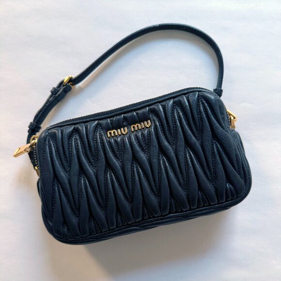 MIU MIU Matelassé Mini Bag Clutch Wristlet Black & Gold Leather BAG CHARM Rare - Picture 1 of 12